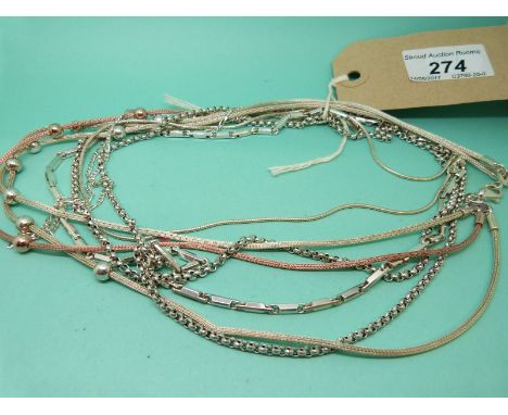 Seven silver necklaces/chains, one rose gold plated and eight silver necklaces, one set with amethyst and topaz
