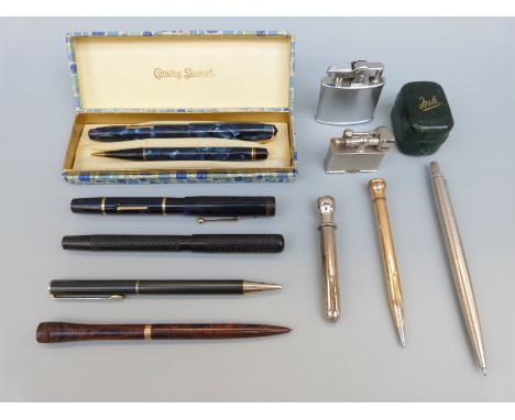 A collection of vintage pens including Swan, De La Rue pencil, Parker, cased pair of Conway Stewart with blue marbled decorat