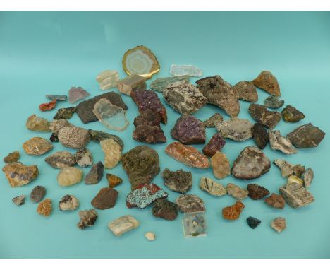 A box of geological specimens to include amethyst, tourmaline, hematite, garnet, alabaster etc 