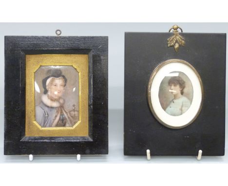 Two late 19th/ early 20thC portrait miniatures on ivory, one a woman in Tudor costume marked Mary Stuart, Queen of Scots vers