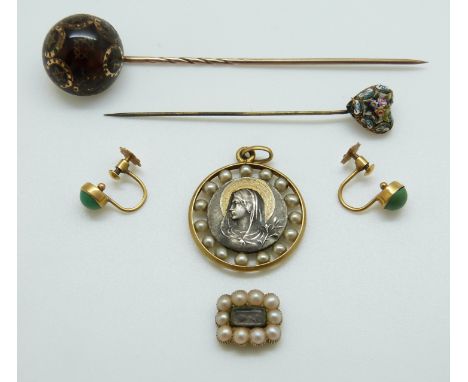 A pair of 9ct gold earrings set with a turquoise cabochon to each, a Victorian tortoiseshell stick pin with inlaid design, mi