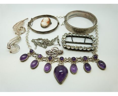 Two silver bangles, a Victorian paste buckle, filigree brooches, silver and amethyst necklace etc