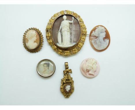 A yellow metal Victorian brooch set with a cameo within a leaf border, three other cameos and a portrait miniature 