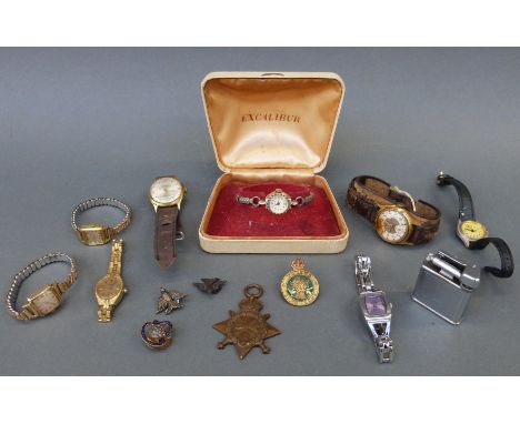 Eight various ladies and gentleman's wristwatches including Aircraft, Rowley's etc together with a Polo lighter, four militar