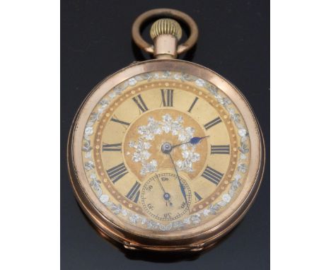 Continental 14ct gold keyless winding open faced gentleman's pocket watch with self coloured dial and silver floral decoratio