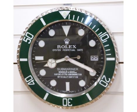 Rolex Oyster Perpetual Date Submariner Superlative Chronometer shop display / advertising wall clock in green