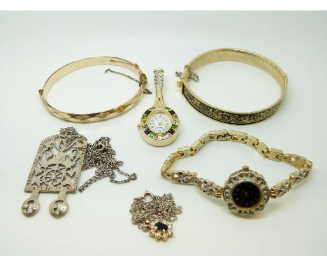 A Welsh silver marriage pendant, a rolled gold bangle, a watch pendant, a ladies watch and a pendant and chain 