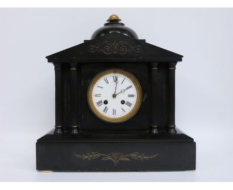 Japy Freres late 19thC slate mantel clock, the white enamelled Roman dial with embossed gilt surround, Breguet style hands, t