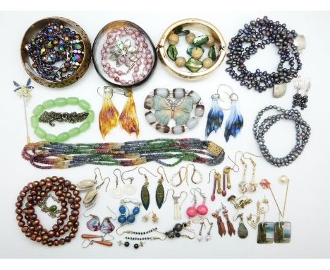 A silver metamorphic brooch set with marcasite, pearls, glass earrings, silver brooch, opal earrings, multi-coloured sapphire