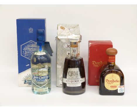 Three bottles of alcohol comprising Ron Quorhum rum 70cl 40%, Don Julio tequila 750ml 38% vol and Jose Cuervo Platino Tequila
