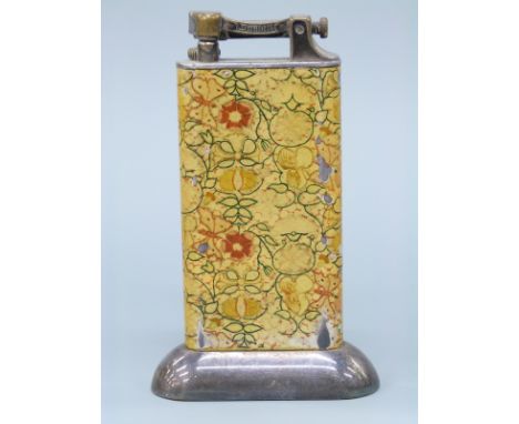 A Dunhill enamelled table lighter with floral decoration, H 10cm 