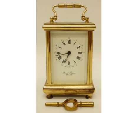 A late 20thC English brass carriage clock with enamelled dial, Roman numerals and Arabic minutes, Brueget style steel blued h