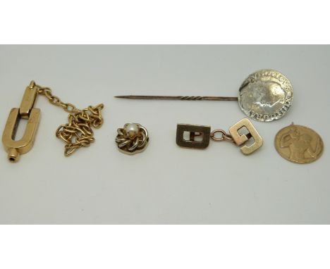 A 9ct gold cufflink, a 9ct gold St Christopher (4.2g), an 18ct French gold chain (11.2g) and stick pin with a mounted coin 