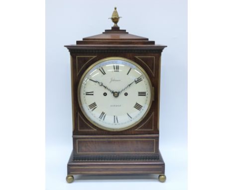 Johnson of London Regency mahogany cased bracket clock with double fusee movement striking the hour on a bell, the painted Ro