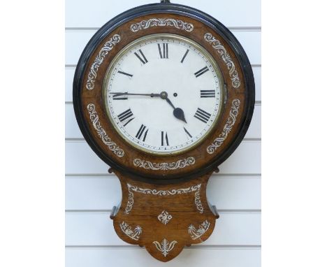 A mid to late 19thC double fusee 8 day English drop dial wall clock, the unsigned movement striking on a bell, the rosewood a