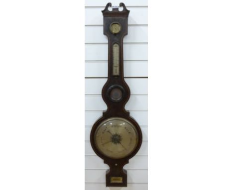 P.Cetta of Gloucester Edwardian inlaid barometer with swan neck pediment decoration to top and 25cm silvered dial   