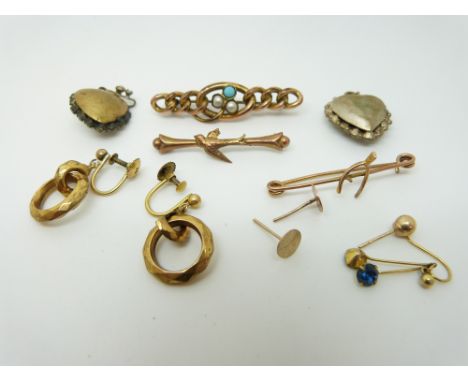 Two 9ct gold brooches, vintage paste items, 9ct gold earrings etc
