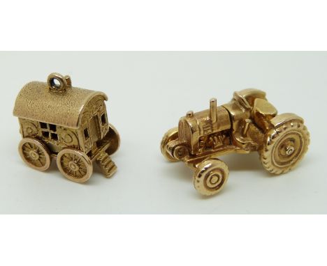 A 9ct gold charm in the form of a tractor and a 9ct gold charm in the form of a trailer, 10.7g