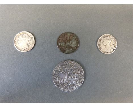 Morocco Vintage Empire Cherifien 1 franc silver coin, together with a Queen Victoria 1894 British Honduras 10 cents,1897 Hong