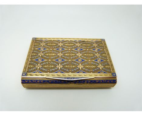 An early 19thC gold snuff box with blue enamel decoration, engraved inside lid 'L'Empereur Alexandre A L'Abbé Hauy' and with 