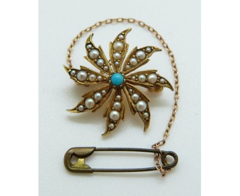 A 9ct gold turquoise and seed pearl star brooch/pendant, 4.1g