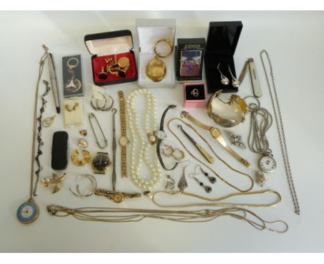 A collection of costume jewellery, watches, silver penknife, Zippo lighter, cufflinks etc 