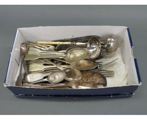 A hallmarked silver fork, pickle fork, mother-of-pearl handled knife and a quantity of plated cutlery