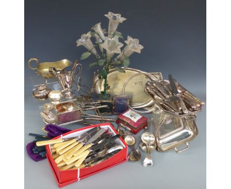 A collection of silver plated cutlery including Kings pattern, Ronson and another lighter, two epergnes etc