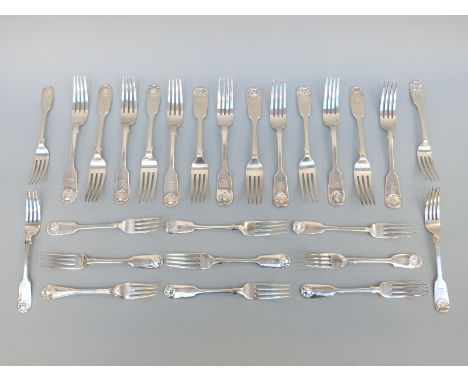 Thirteen Victorian hallmarked silver fiddle and shell pattern table forks, six being Exeter 1866, the others London 1878 or 1