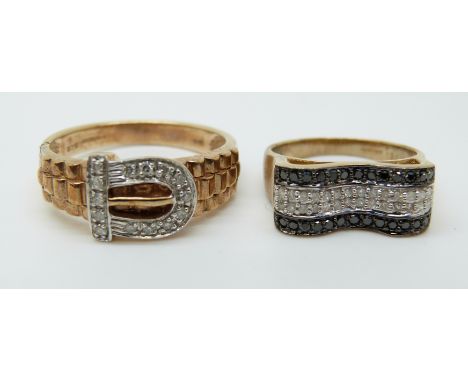 A 9ct gold ring set with diamonds in the form of a buckle and a 9ct gold ring set with two rows of black diamonds and two row