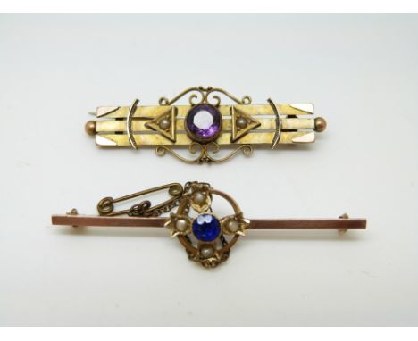 A 9ct gold brooch set with seed pearls and blue paste and a 9ct gold brooch set with an amethyst and seed pearls, Chester 190