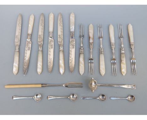 A set of six cake knives and forks with hallmarked silver ferrules, two pairs of hallmarked silver mustard spoons, Victorian 