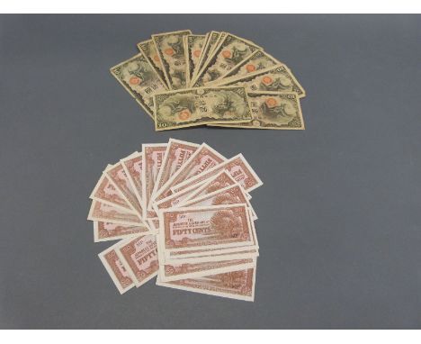 A collection of Japanese 'puppet bank' 10 yen notes together with occupation notes 50 yen 