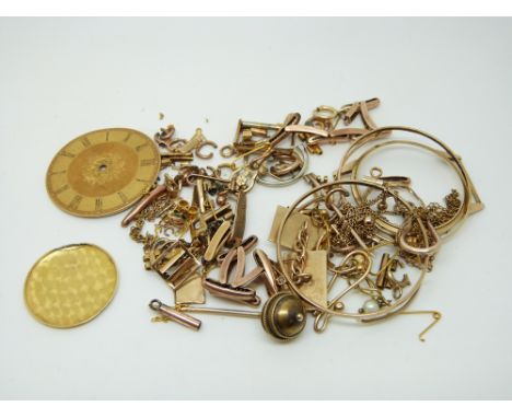 A 9ct gold cufflink, 9ct gold watch back, Victorian stick pin, 9ct gold clasps, 9ct gold buckle etc (36.5g)