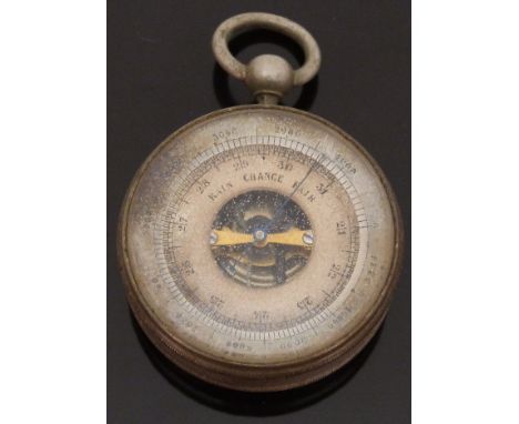 A base metal pocket barometer with skeleton silvered face, case diameter 46mm