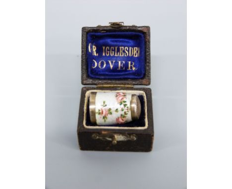 A white metal floral guilloché enamel thimble marked 835S in case