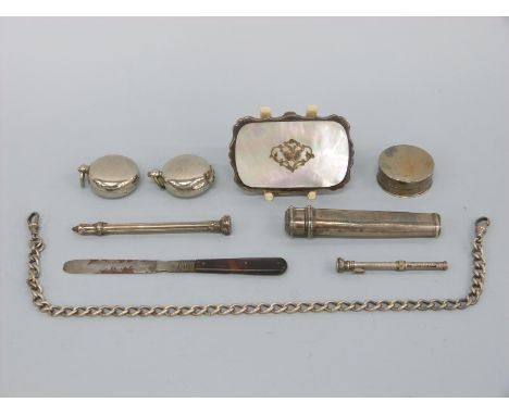 A mother of pearl purse, Victorian hallmarked silver pot, Mordan & Co pencil, a white metal pencil, a hallmarked silver Alber