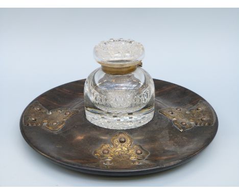 A Victorian turned coromandel inkstand with decorative gilt metal mounts and cut glass inkwell, H11 x diameter 14.5cm 