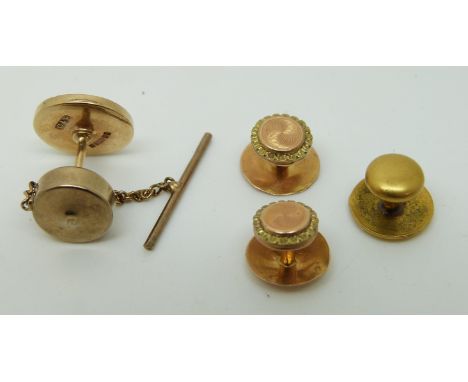Two French 18ct rose gold stud with engine turned decoration, a French 18ct gold stud (2.7g) and a 9ct gold example set with 