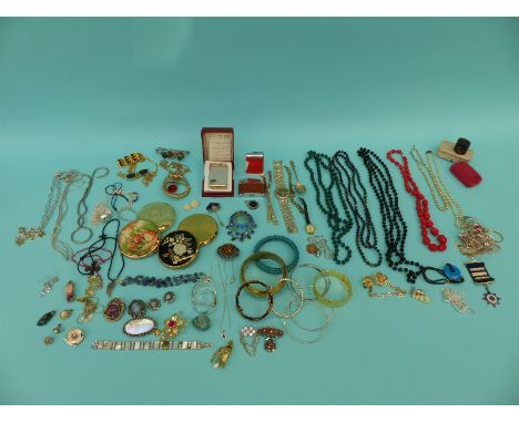 A collection of costume jewellery including compacts, beads, bangles, agate pendants, antique boxes, Ronson lighter and Royal