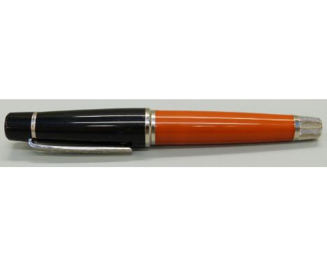 Breitling ballpoint pen with ochre resin barrel, black resin lid, stainless steel fittingsand engraved clip, NVSN, 13.7cm lon