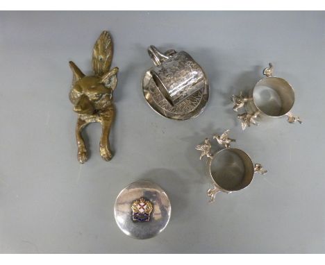 A quantity of metal ware including R.M.S. SS Ohio trinket box, fox door knocker, WMF napkin ring etc.