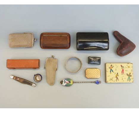 A collection of boxes etc including Georgian snuff box, German bakelite, Stratton snuff box, hallmarked silvered fruit knife,