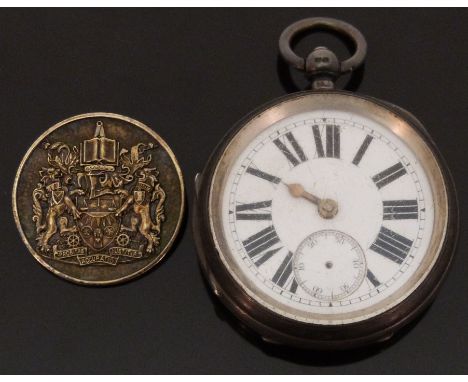 English hallmarked silver gentleman's open faced pocket watch with single gold hand, subsidiary seconds dial, Roman numerals,