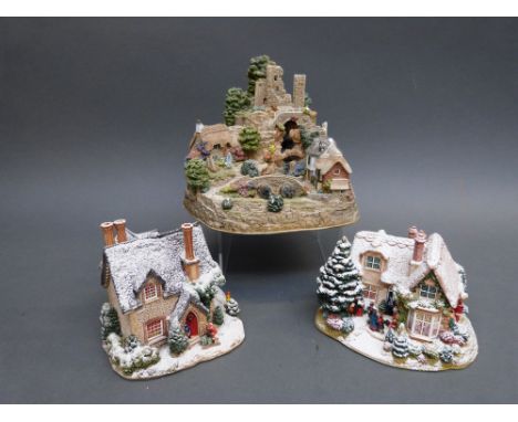 Three larger sized Lilliput Lane cottages, The First Nod, Christmas Party, and "Where Peaceful Water Flow", all boxed