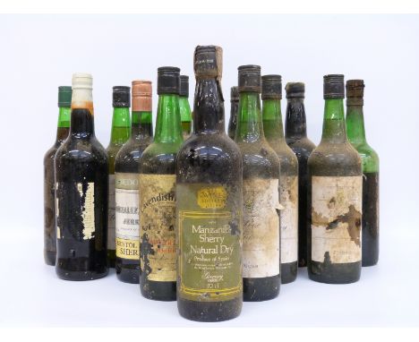 Fourteen 70/75cl bottles of vintage sherry, most with missing labels but including Sandeman, Amontillado, Gonzalez Byass, Jer