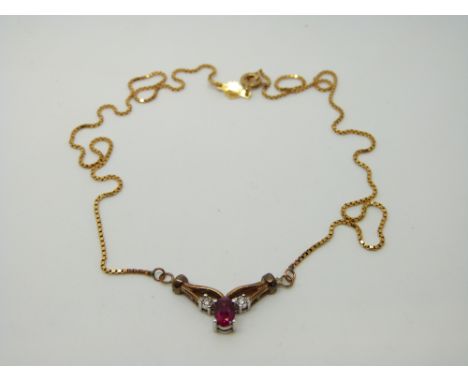 A 9ct gold necklace set with diamonds and synthetic ruby, 5.5g