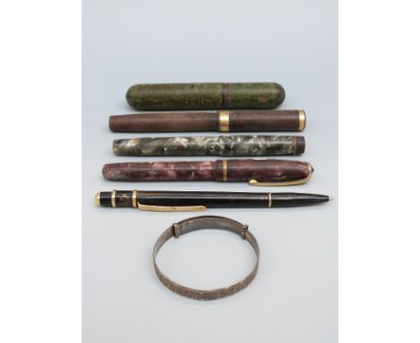 Four vintage pens including New Bond Easiflow and Swan and a silver bracelet 