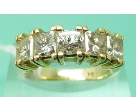 A 14ct gold ring set with five princess cut diamonds each approximately 0.5ct (size L)