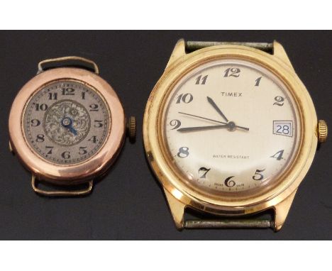 9ct gold ladies wristwatch with engraved dial, Arabic numerals and blued hands together with a Timex gold plated gentleman's 